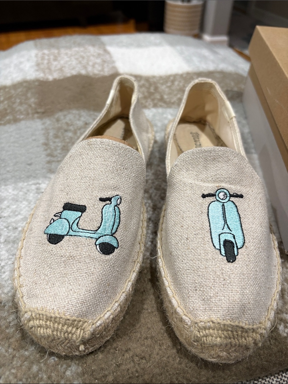 Soludos Sand Canvas Espadrille Flats with Light Blue Scooter Embroidery